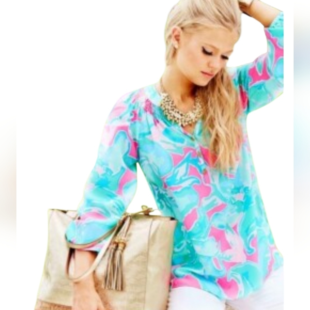 Lilly Pulitzer Elsa Linen Blouse Women's Long Sleeve Henley Tropical Pin Small